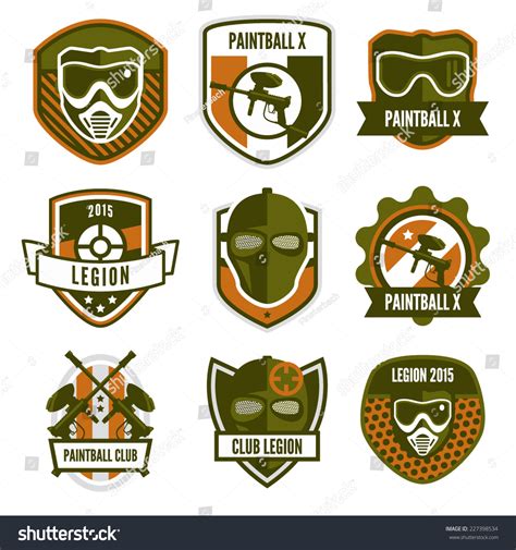 Paintball Team Logo Badge Or Club Emblem Set With Gun And Mask