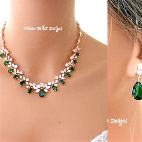 Bridal Jewelry Set Emerald Green Wedding Necklace And Earrings Etsy