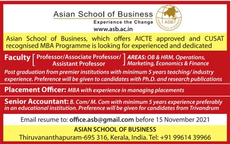 Asian School of Business, Trivandrum Wanted Professor/Associate Professor/Assistant Professor ...