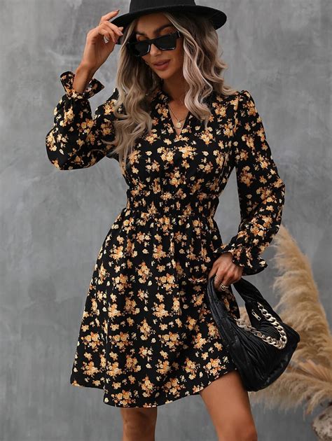 Shein Lune Allover Floral Print Flounce Sleeve Shirred Waist Dress