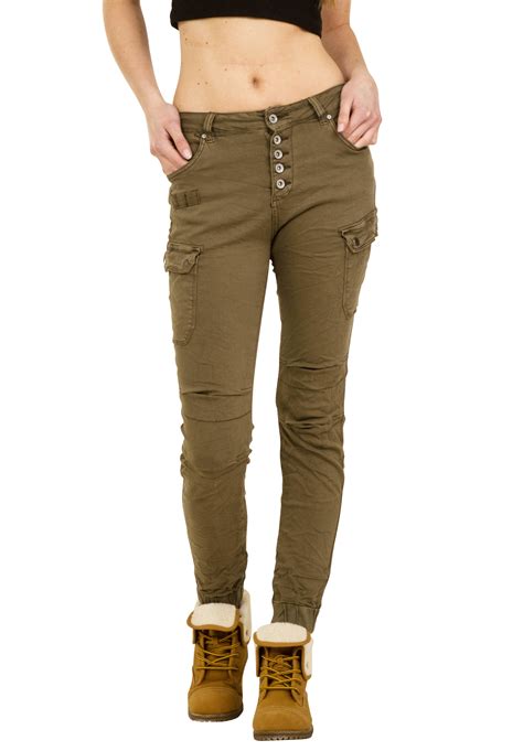 Womens Khaki Slim Skinny Stretch Cargo Pants Mid Rise Combat Trousers