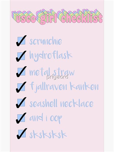 Vsco Girl Checklist Sticker For Sale By Priyaord Redbubble