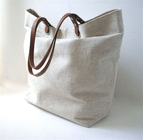 Simple Tote Bag In Natural Linen Etsy Tote Bag Leather Tote Bag