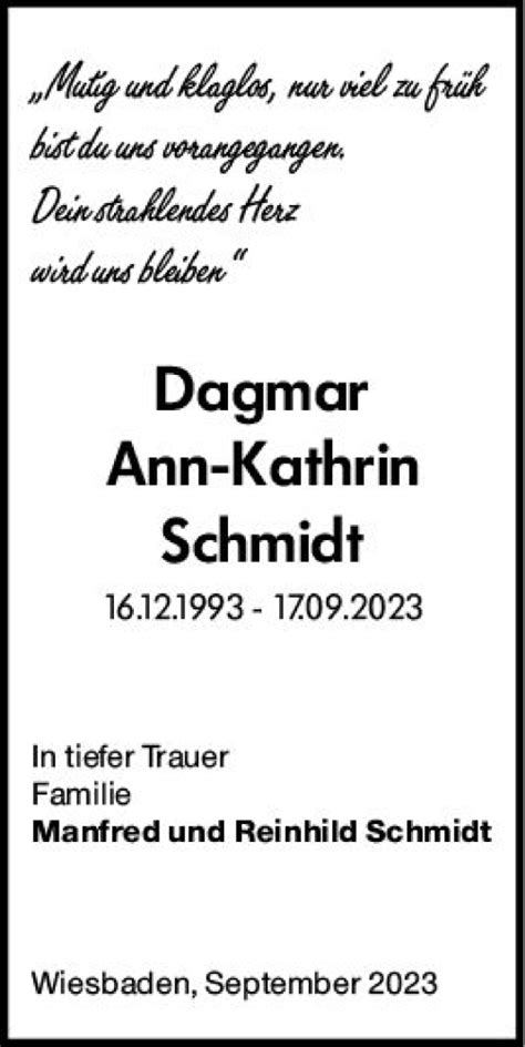 Traueranzeigen Von Dagmar Ann Kathrin Schmidt Vrm Trauer De