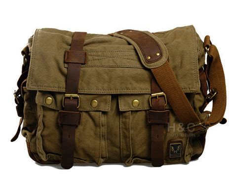 Men S Military Canvas Leather Satchel School 14 Laptop Shoulder