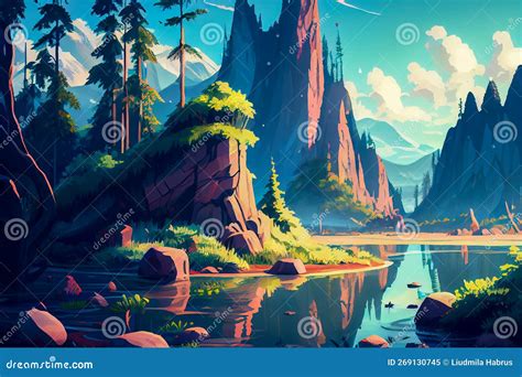 Anime Landscape Trees River and Mountains. Generative AI Stock Image ...