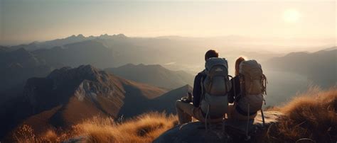 Premium Photo Hikers With Backpacks Sitting And Relaxing On The Top