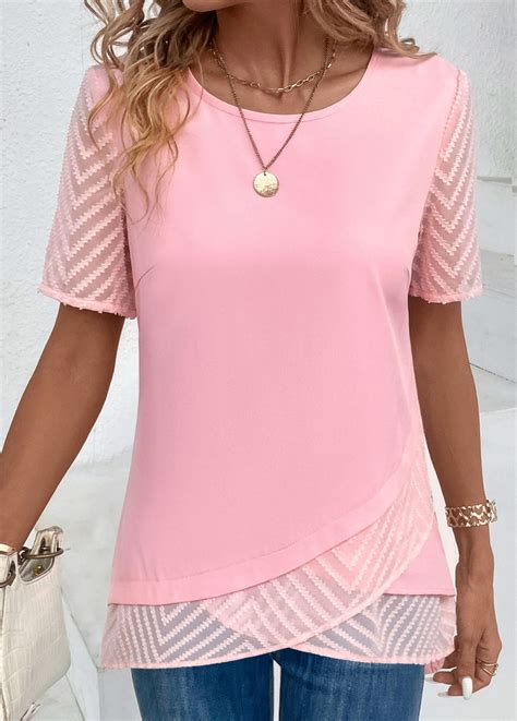 Rotita Cross Hem Pink Round Neck T Shirt Rotita Usd