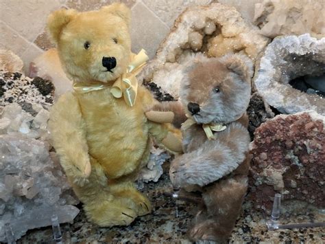 Two Teddy Bears Standing Next To Each Other In Front Of Some Rocks And