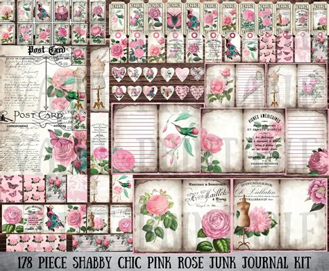 178 Piece Shabby Chic Pink Rose Vintage Botanical Junk Journal Kit