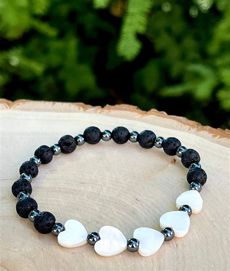 River Shell Heart And Lava Rock Diffuser Bracelet Heart Bracelet