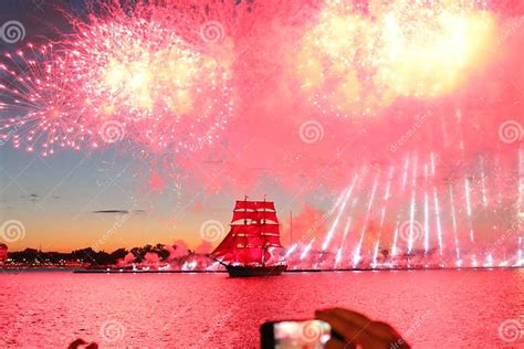 A Ship With Red Sails And Fireworks In The Neva Water Area On The Day