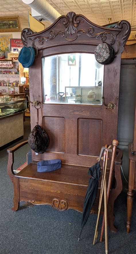 Antique Oak Entryway Hall Bench Early 1900s Scroll Work Coat Hat