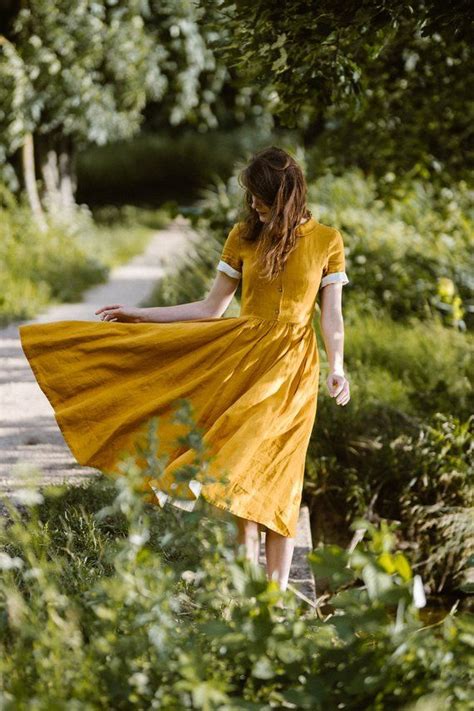 Mustard Yellow Dress Linen Dresses For Women Vintage Midi Etsy Uk