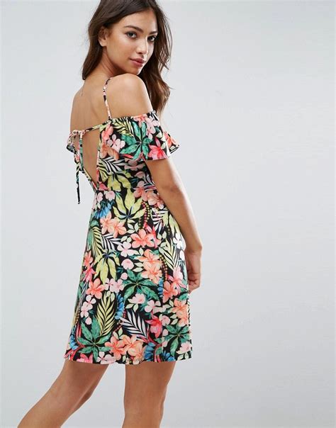 Buy It Now Asos Cold Shoulder Sundress With Frill Detail In Tropical Print Multi Dress By