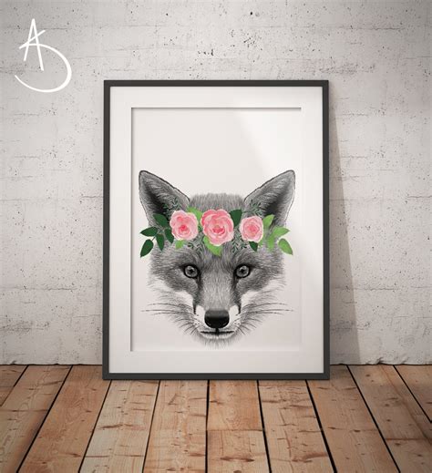 Fox Flower Crown Fox Print Printable Wall Art Animals Floral Crowns