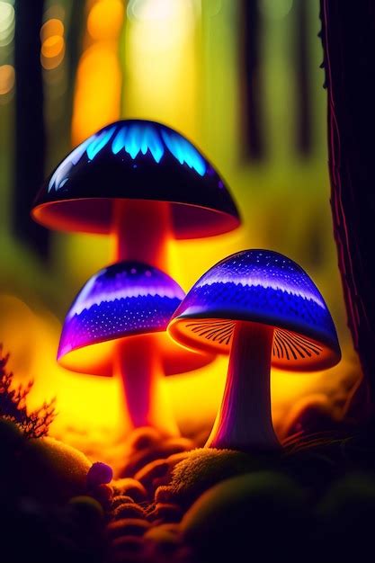 Premium Photo Fantasy Glowing Mushrooms In Mystery Dark Forest