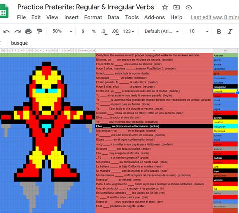 Practice Preterite Regular Irregular Verbs Pixel Art WL