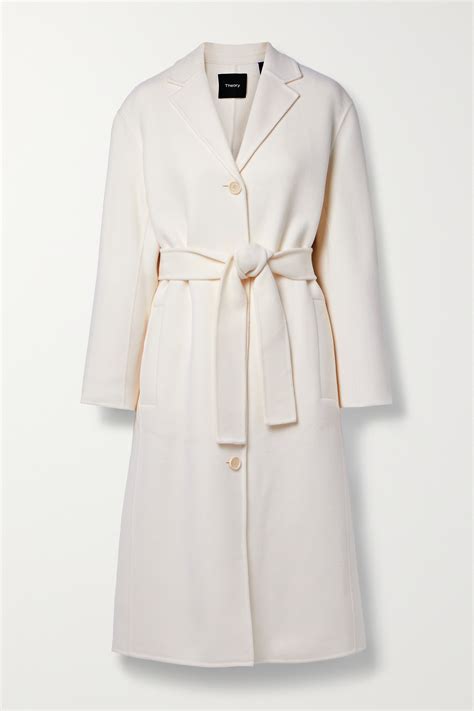 Theory Belted Wool And Cashmere Blend Coat In White Modesens