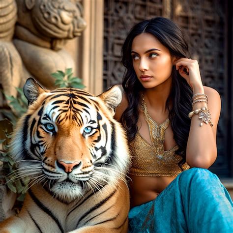 Premium Ai Image A Beautiful Girl Sitting With A Fierce Tiger