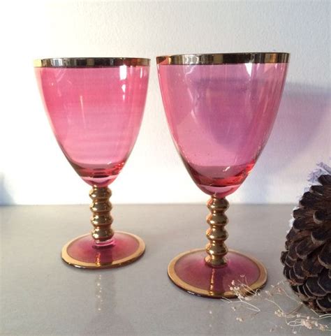 Pair Of Vintage Pink Wine Glasses Gold Stems Rims Pink Wine Glasses