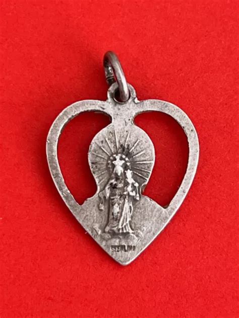 Ancienne M Daille Religieuse Coeur Ajour Christ Vierge Marie En Argent