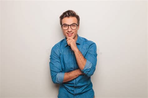 Man Wearing Glasses Smiling And Touching His Chin Stock Image Image Of Model Hold 85177045