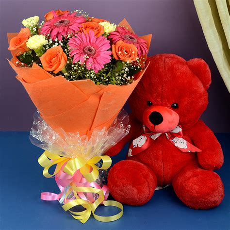 Assorted Flowers & Teddy Bear, Gift Hampers wth Flowers