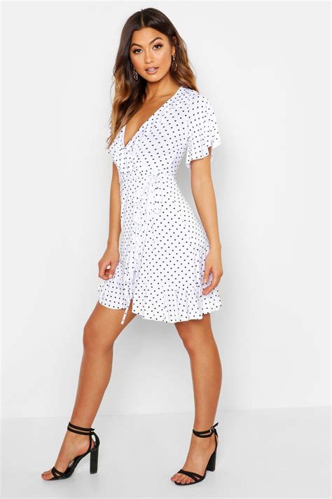 Boohoo Wrap Polka Dot Print Frill Detail Tea Dress In White Lyst