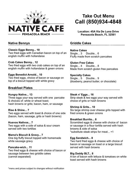 Breakfast Menu And Brunch Menu Native Cafe Pensacola Beach Fl