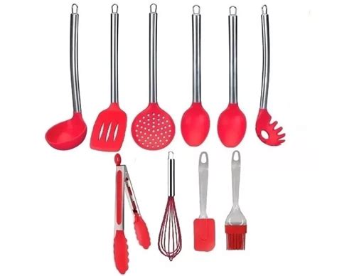 Jogo Conjunto Kit 10 Colheres De Silicone Cabo Inox Utensilios Cozinha Vermelho Shopee Brasil