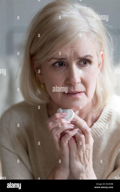 Upset Aged Woman Lost In Thoughts Thinking About Old Times Grieve