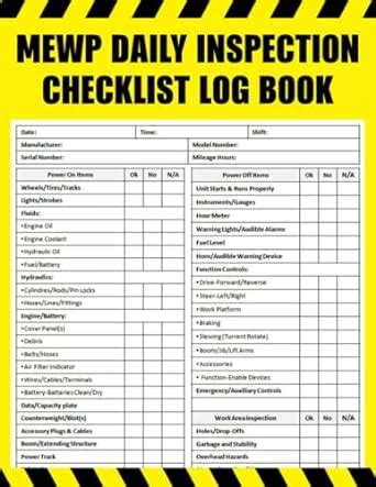 Mewp Daily Inspection Checklist Log Book Mobile Elevating Work