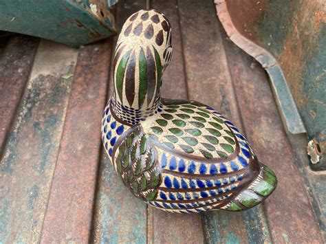 Tonala Pottery Duck Figurine Mexico Folk Art Signed Rustic Lake House