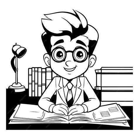 Premium Vector | Black and white illustration of a boy reading a book ...