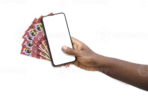 Black Hand Holding Mobile Phone With Blank Screen And Ghanaian Cedi