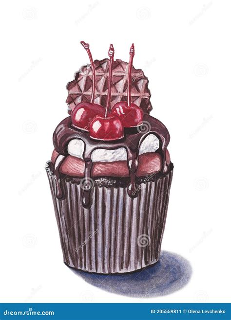 Watercolor Chocolate Cupcake With Cherries And Waffle Stock Image