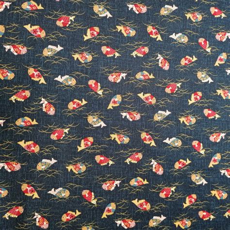 Tissu Bleu Japonais En Coton Motif Poisson Kingyo Fabriqu Au Japon