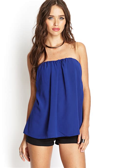 Lyst Forever 21 Strapless Cutout Chiffon Top In Blue