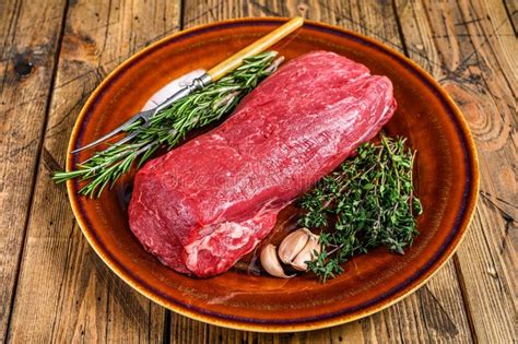 Whole Raw Fillet Tenderloin Beef Meat For Steaks Wooden Background