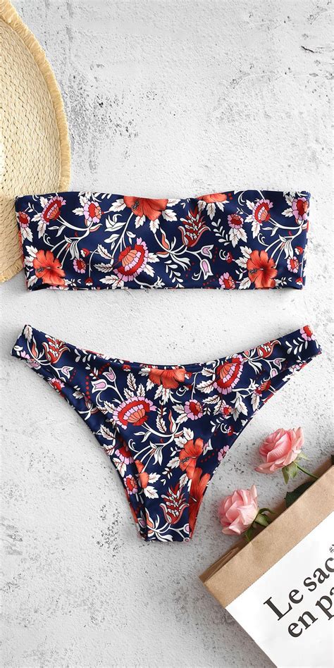 Buy Navy Flower Boning Side Bandeau Bikini Set Swimsuit Style