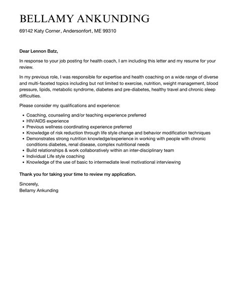 Health Coach Cover Letter Velvet Jobs