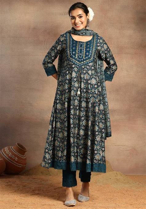 Buy Women Teal Blue Floral Jaal Print Anarkali Kurta With Pants And