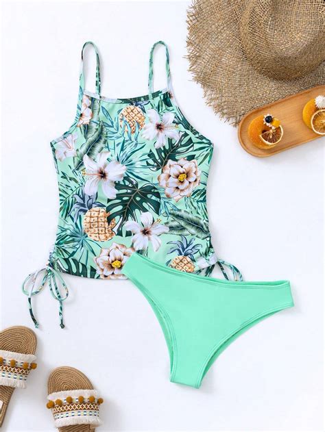 Tropical Print Drawstring Side Bikini Swimsuit Shein Usa