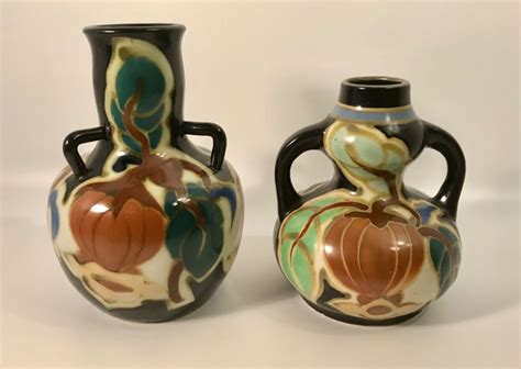 Pair Art Deconouveau Japanese Gouda Style Pottery Vases Matching