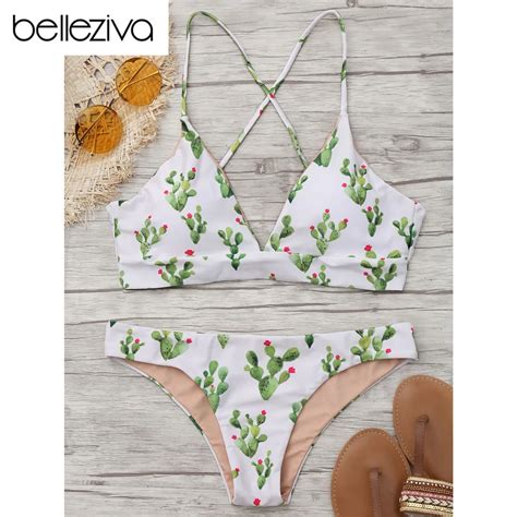 Belleziva Cute Cacti Print Bikini Set Spaghetti Strap Tied Women