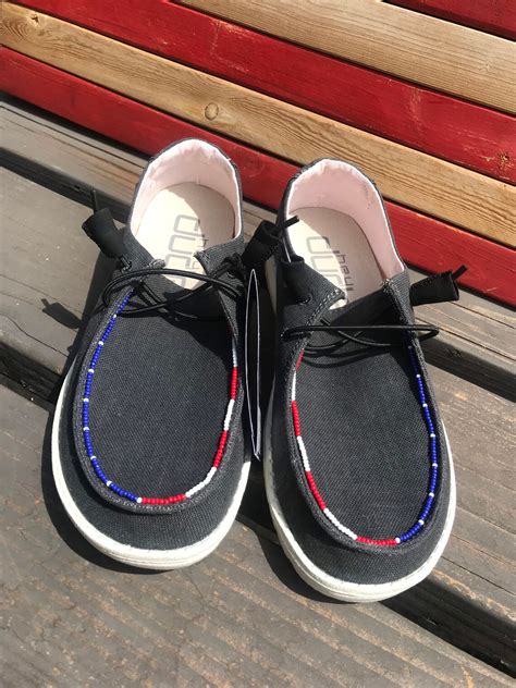 Patriotic Red White And Blue Custom Beaded Hey Dude Shoes Etsy