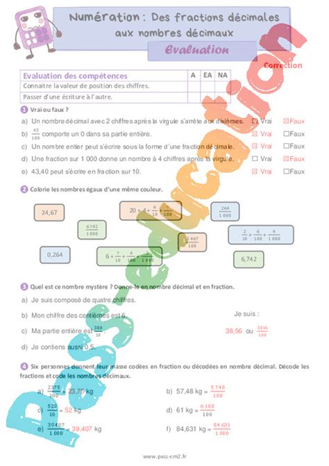 Des Fractions Décimales Aux Nombres Décimaux Évaluation De Numération 5eme Primaire Pdf à