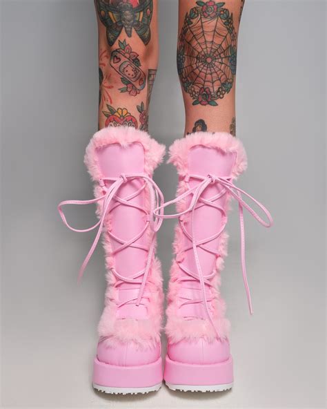 Demonia Pink Winter Solstice Faux Fur Boots Rave Wonderland