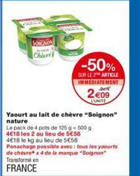 Promo Yaourt Au Lait De Chèvre soignon Nature chez Monoprix